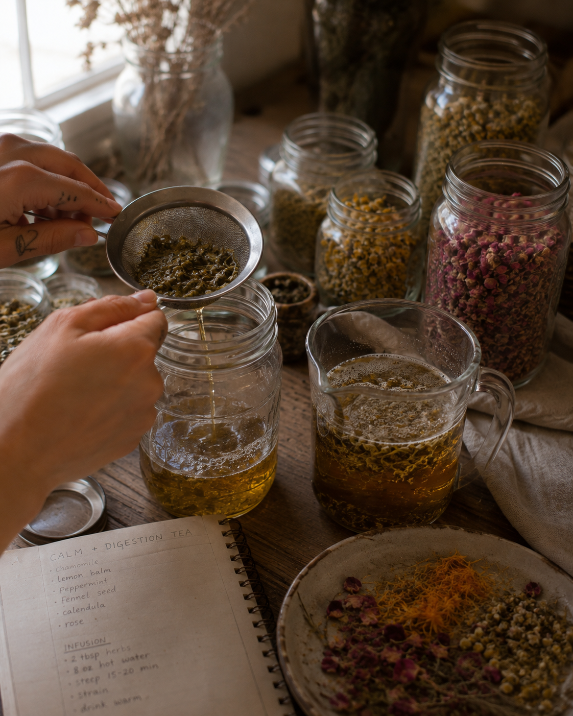 Hands straining a freshly steeped herbal infusion into a glass jar, surrounded by jars of dried chamomile and rose petals, a ceramic plate of herbs, and a handwritten recipe notebook