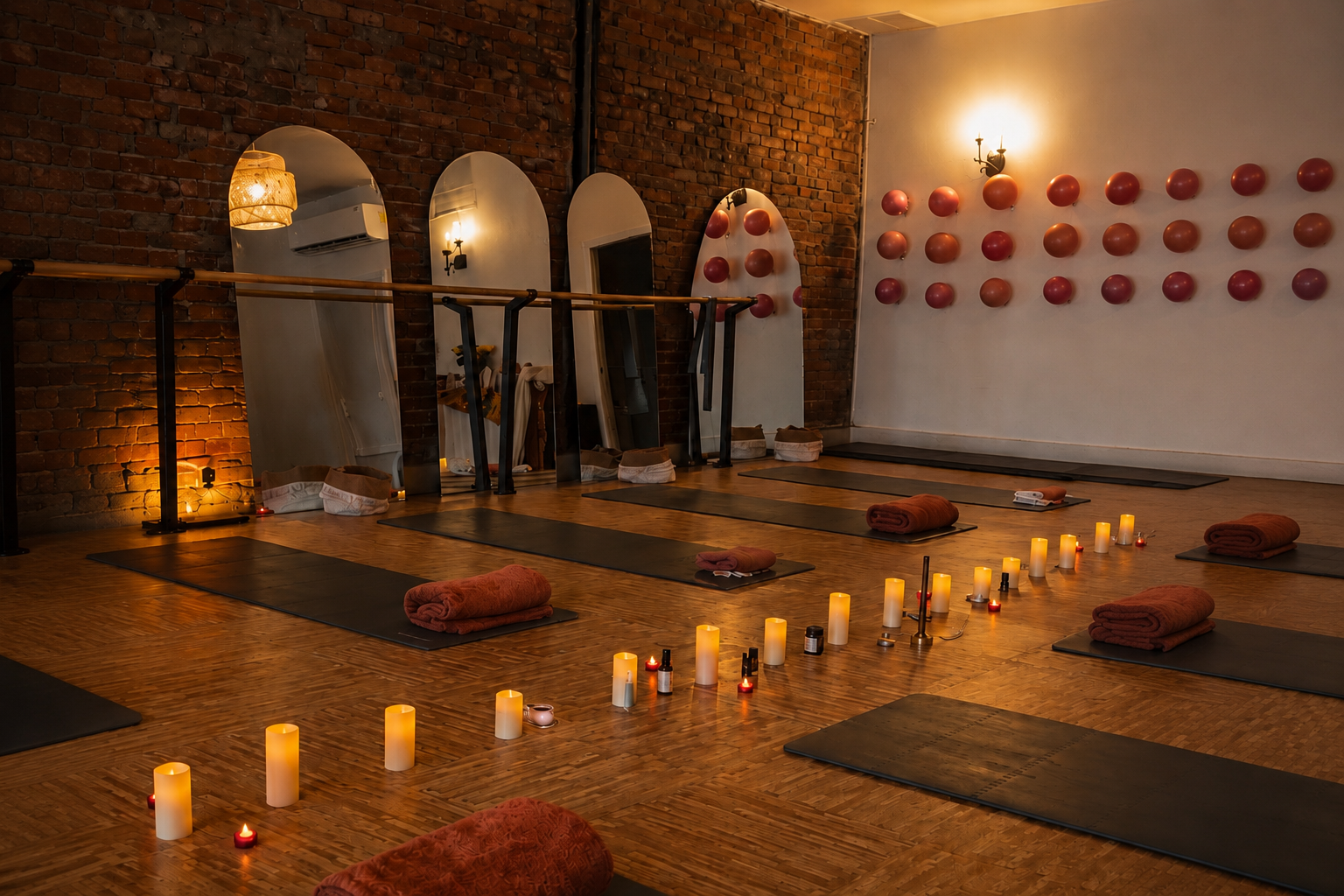 A warmly lit studio set with mats, folded blankets, and candles before a gathering